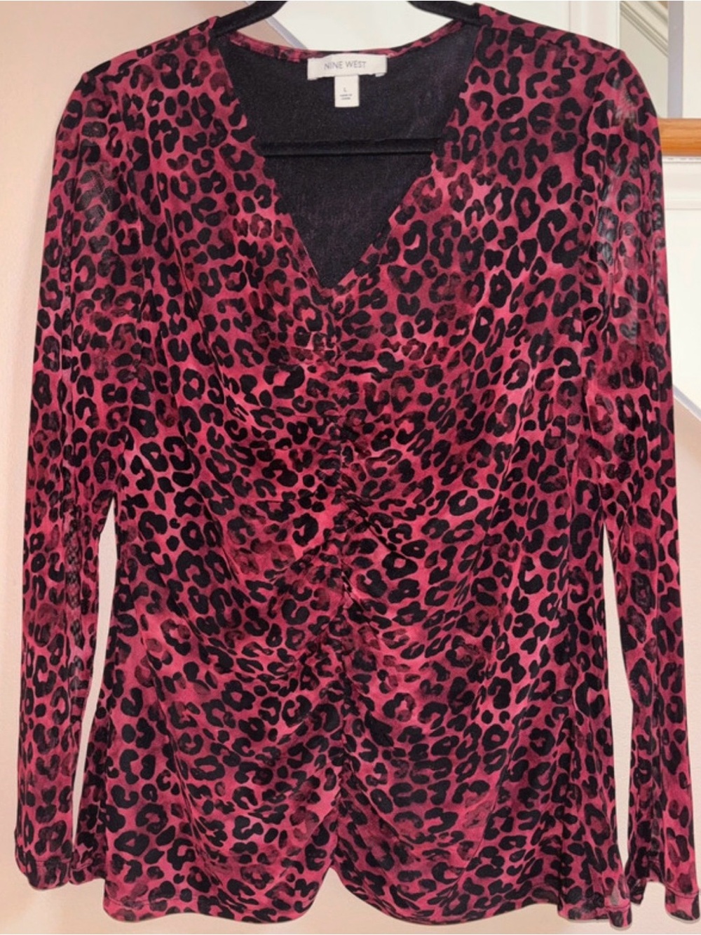 Leopard Mesh Long Sleeve V Neck Top size Large